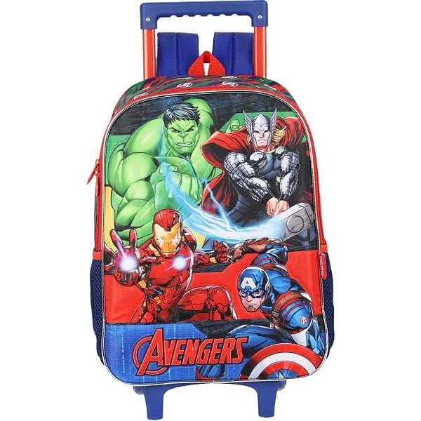 MOCHILA INFANTIL COM RODINHA AVENGERS G AZUL C/ALCA