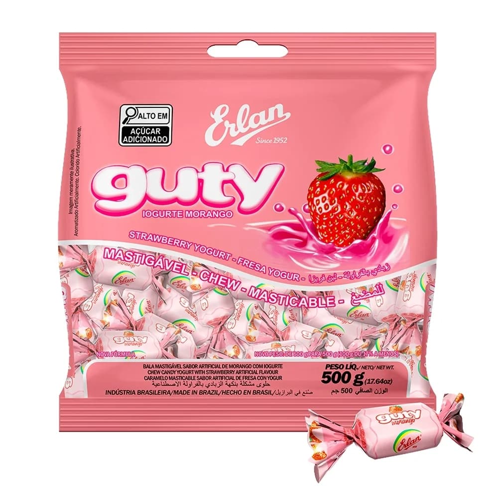 BALA MASTIG ERLAN GUTTY 500G MORANGO